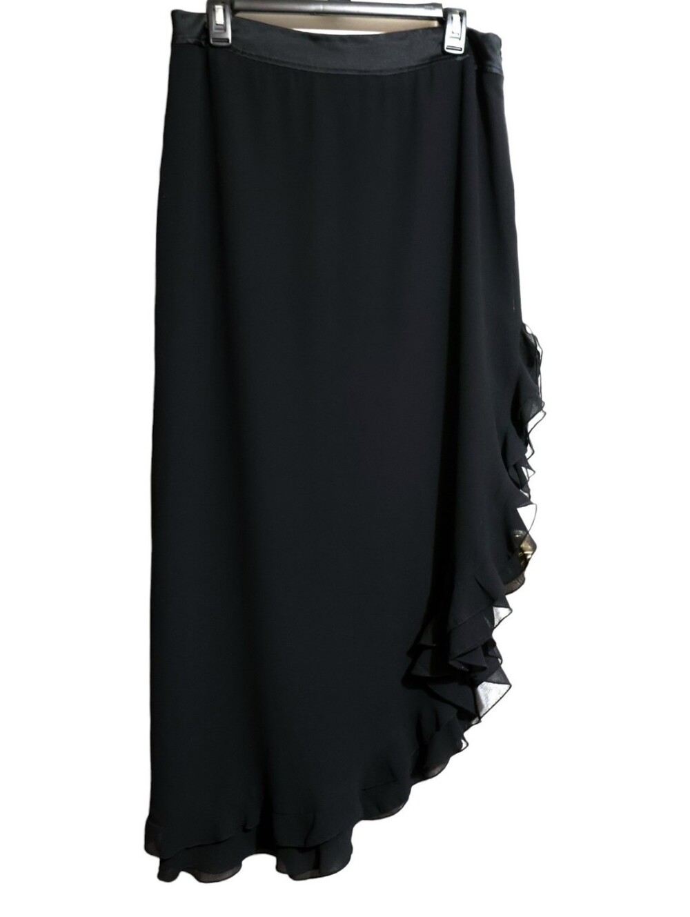 JS Collections Black Asymmetric High-Low Chiffon Ruffle Maxi Skirt Size 14